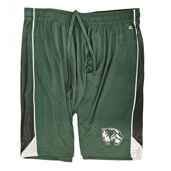 Green gym shorts with black and white accents on the sides and a tie at the waist with a wolverine head logo on the left leg